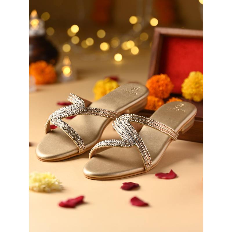 ROCIA Gold Women Hand Embroidered Zig-Zag Sandals (EURO 36)