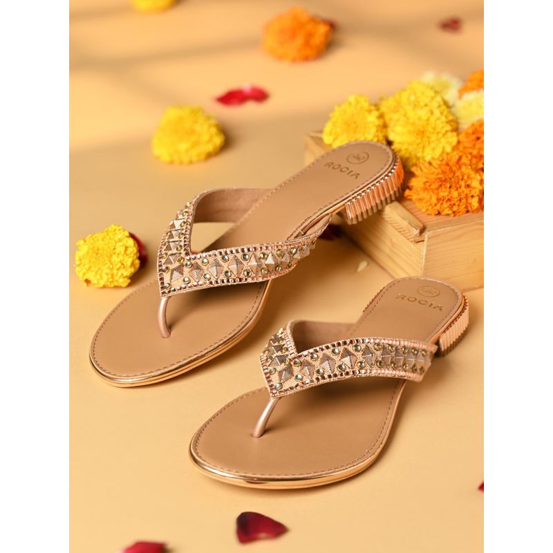 ROCIA Rose Gold Women Embroidered Thong Flats (EURO 36)