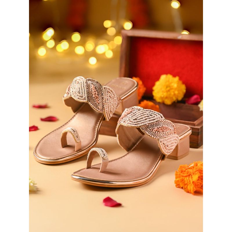 ROCIA Rose Gold Women One Toe Embroidered Block Sandal Heels (EURO 36)