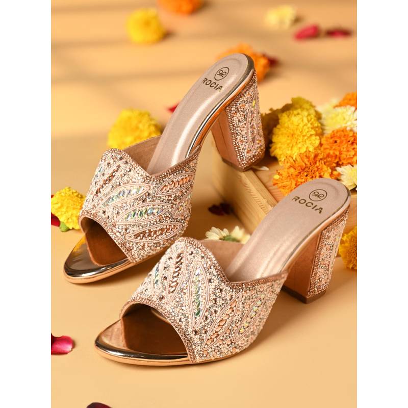 ROCIA Rose Gold Women Heavy Embroidered High Block Sandal Heels (EURO 39)