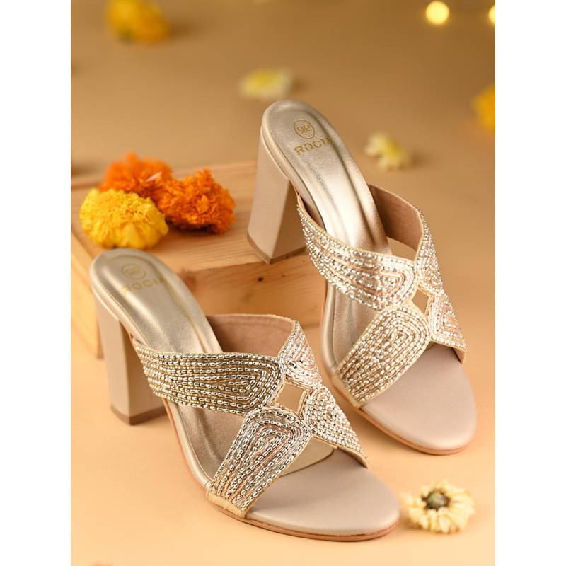 ROCIA Gold Women Heavy Embroidered Block Sandal Heels (EURO 36)
