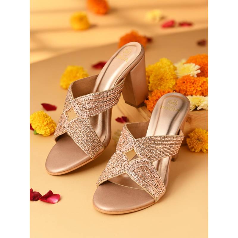 ROCIA Rose Gold Women Heavy Embroidered Block Sandal Heels (EURO 36)
