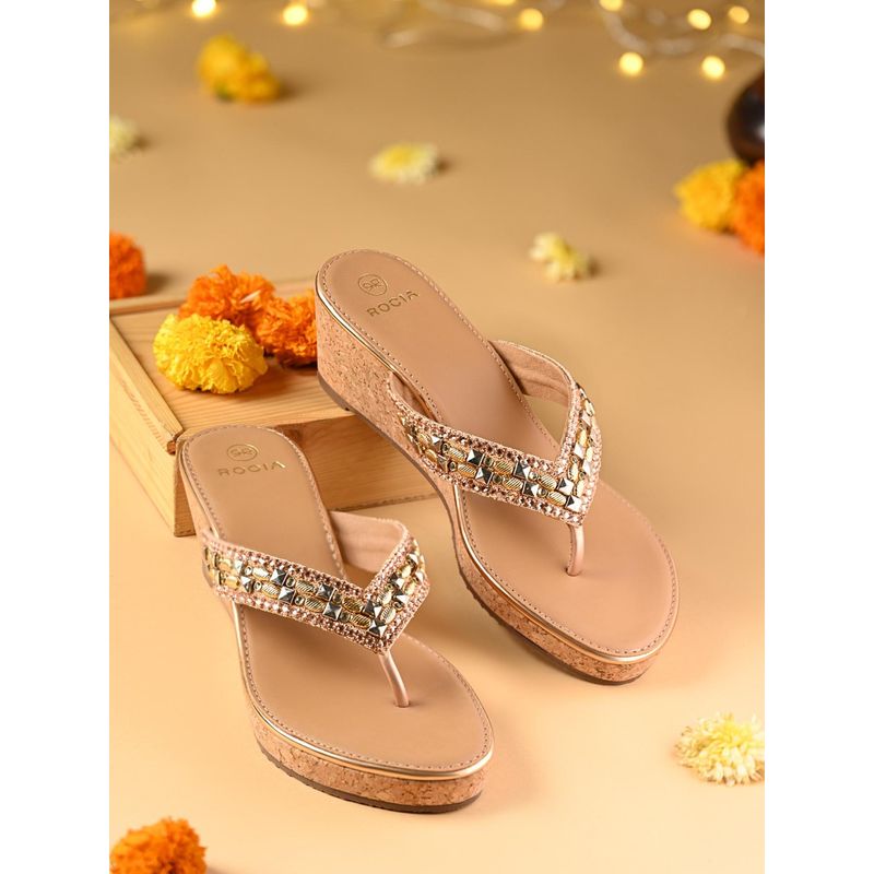 ROCIA Rose Gold Women Cork Covered Embroidered Wedges Heels (EURO 36)