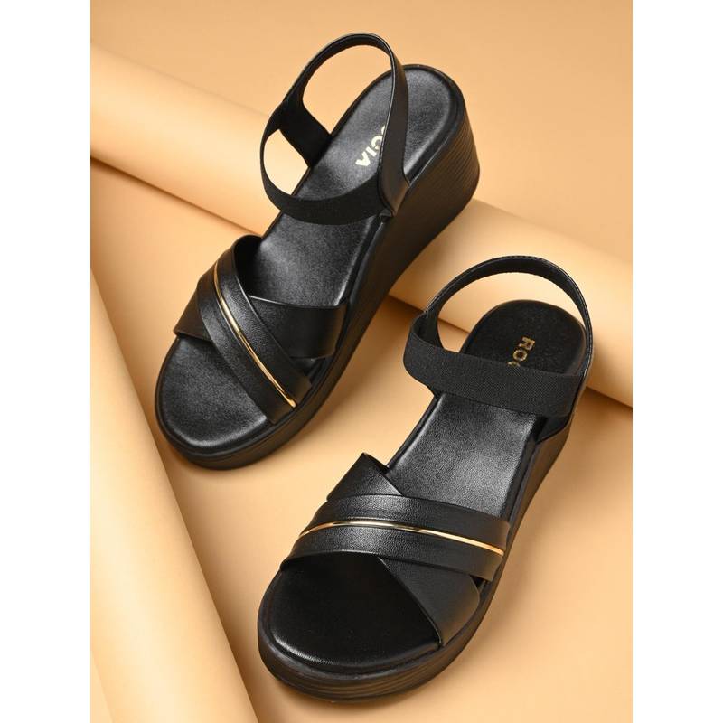 ROCIA Black Women Casual Wedges Heels (EURO 37)