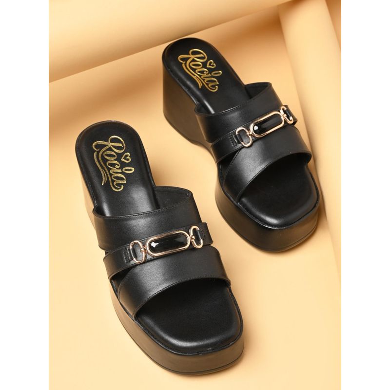 ROCIA Black Women Smart Buckled Casual Wedges Heels (EURO 37)