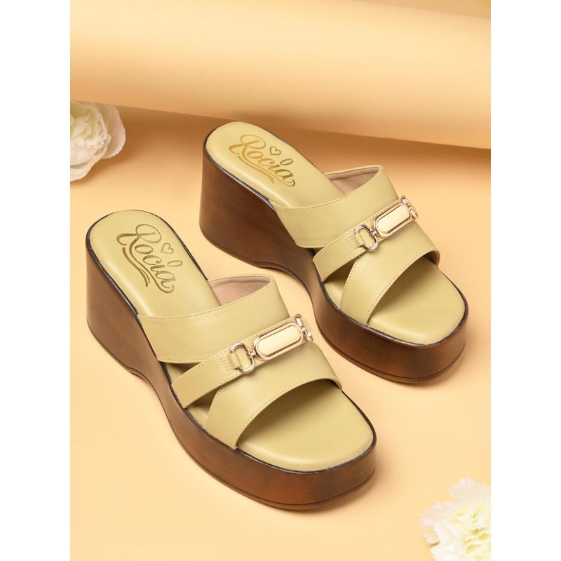ROCIA Cream Women Smart Buckled Casual Wedges Heels (EURO 37)