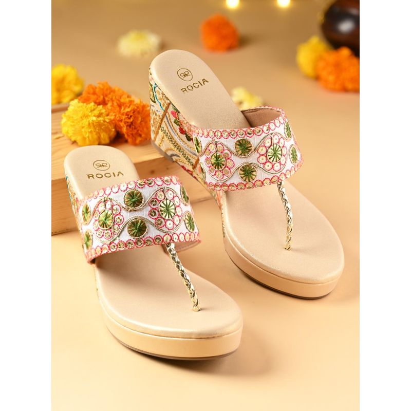 ROCIA White Women Ethnic Lace Wedges Heels (EURO 36)
