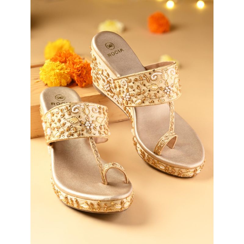 ROCIA Gold Women Heavy Embroidered One Toe Wedges Heels (EURO 36)