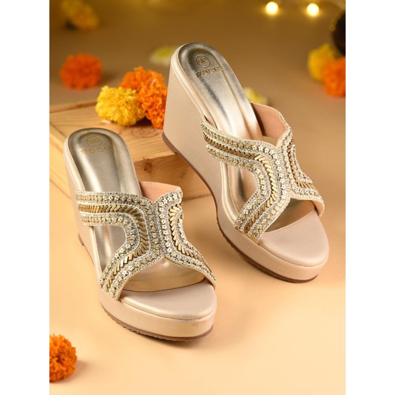 ROCIA Gold Women H Embroidered High Fancy Wedges Heels (EURO 35)