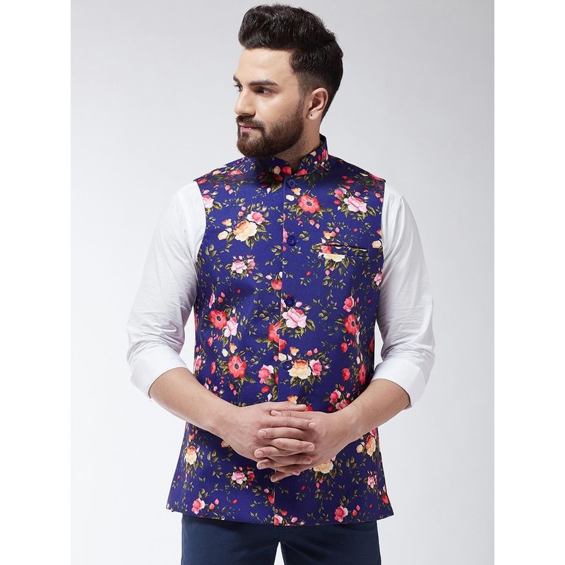 SOJANYA Cotton Blend Royal Blue & Multicolored Printed Nehru Jacket (L)