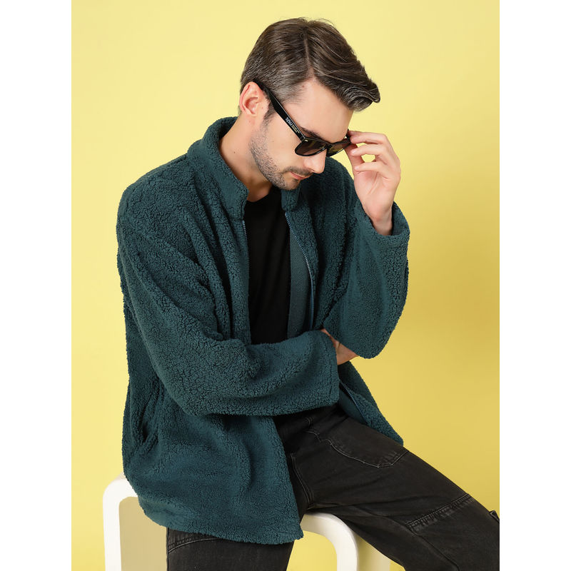 RIGO Men Teal Sherpa Solid Oversized Jacket (M)