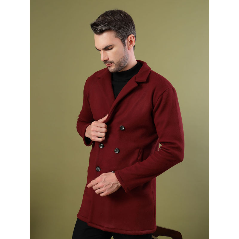 RIGO Men Dark Maroon Polar Fleece Solid Double Breasted Coat (L)