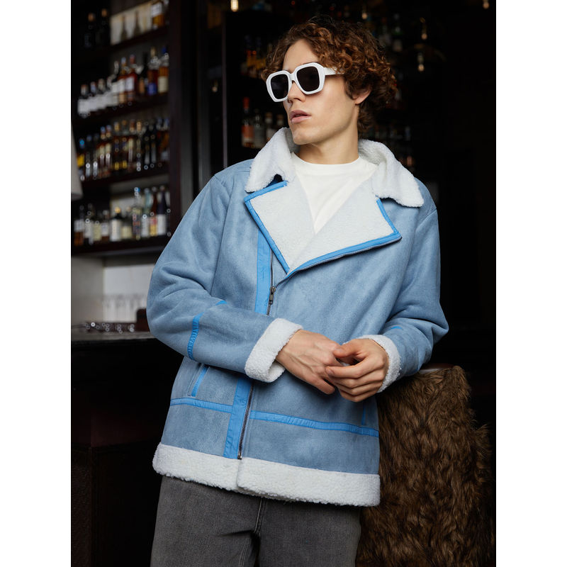 Campus Sutra Men Icy Blue and Chalk White Fleece Lined Biker Jacket (M)