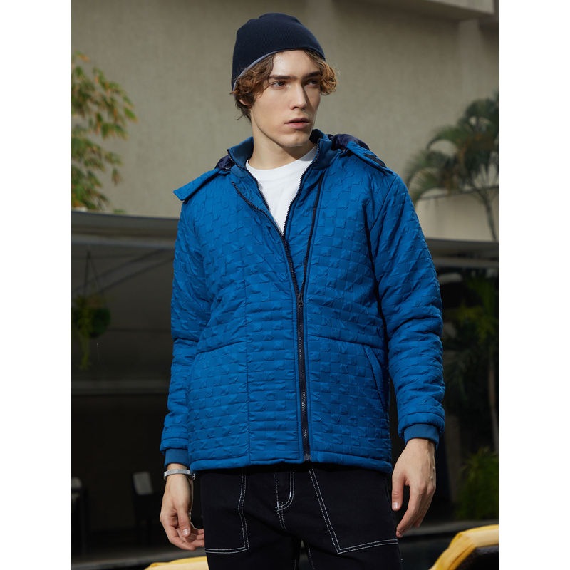 Campus Sutra Men Admiral Blue Tactile Shepard Check Puffer Jacket (S)
