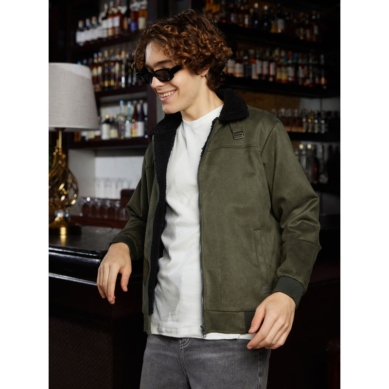 Campus Sutra Men Army Green and Obsidian Black Fleece Lined Bomber Jacket (L)