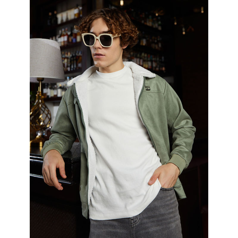 Campus Sutra Men Olive Green and Chalk White Fleece Lined Bomber Jacket (S)