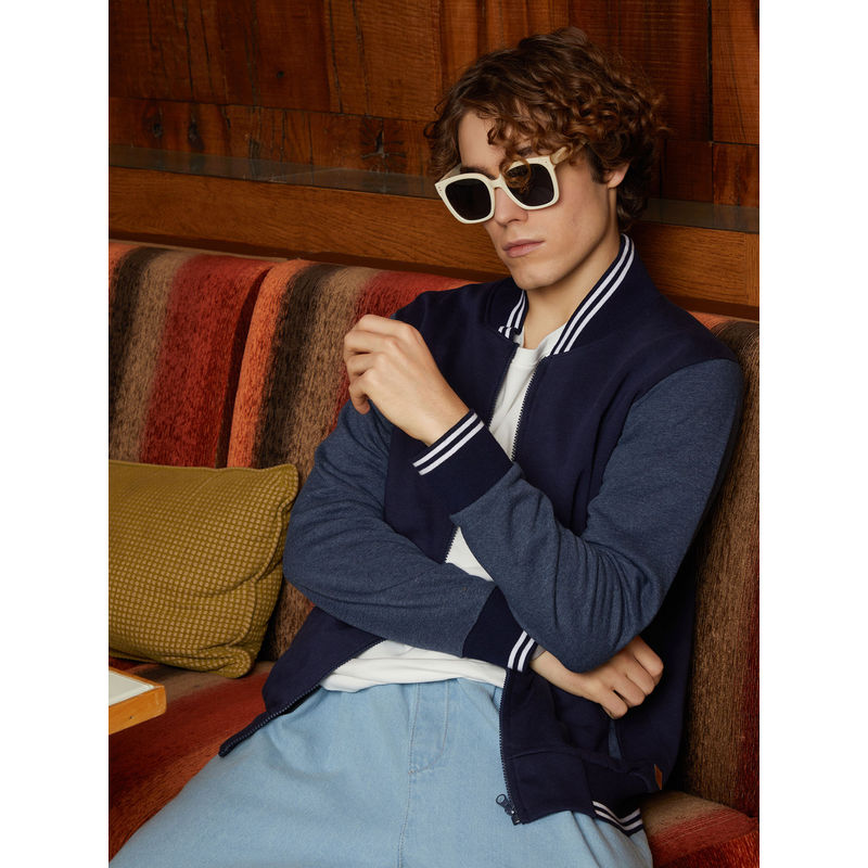 Campus Sutra Men Navy Blue Block Bomber Jacket (S)
