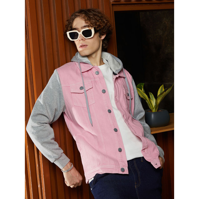 Campus Sutra Men Bubblegum Pink and Coin Grey Block Denim Jacket (XL)