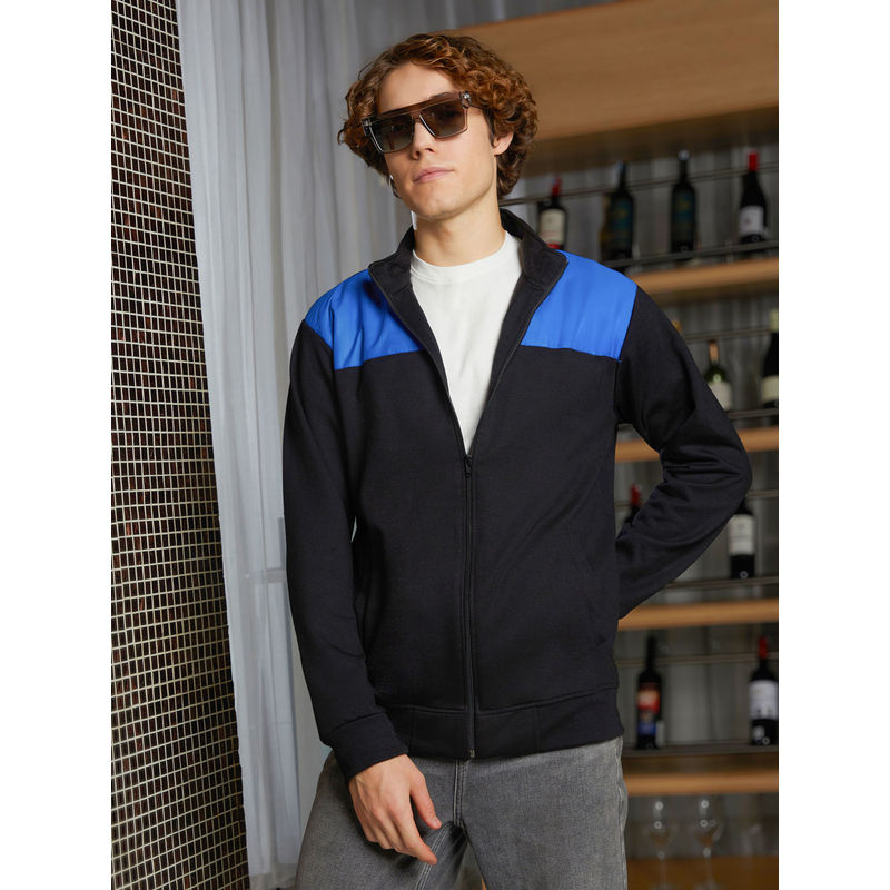 Campus Sutra Men Electric Blue and Obsidian Black Contrast Zip Front Jacket (S)