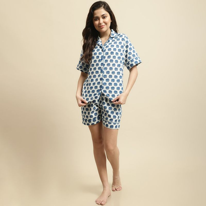 Secret Wish Womens Blue & White Elephant Print Night Suit (Set of 2) (S)