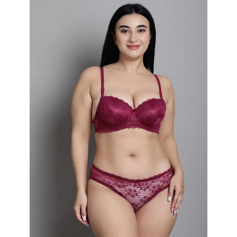 Makclan Maroon Daringly Divine Lace Lingerie Bra and Panty (Set of 2) (38B)
