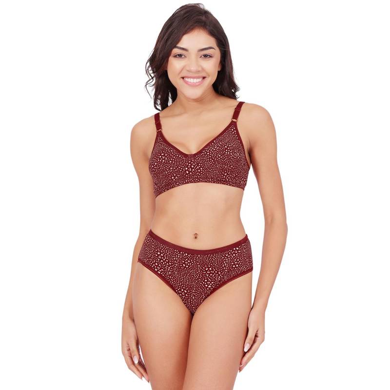 Bodycare Womens Maroon Assorted Prints Combed Cotton Bra and Panty 6450G (Set of 2) (XL)