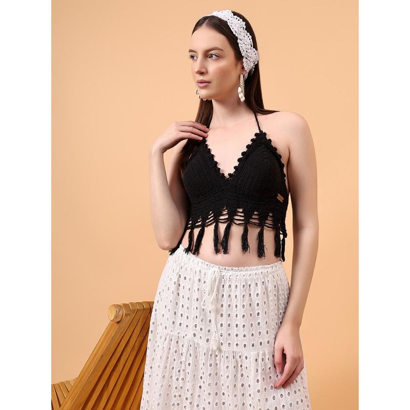 Velvery Black Halter Neck Tassel Details Padded Bralette (M)