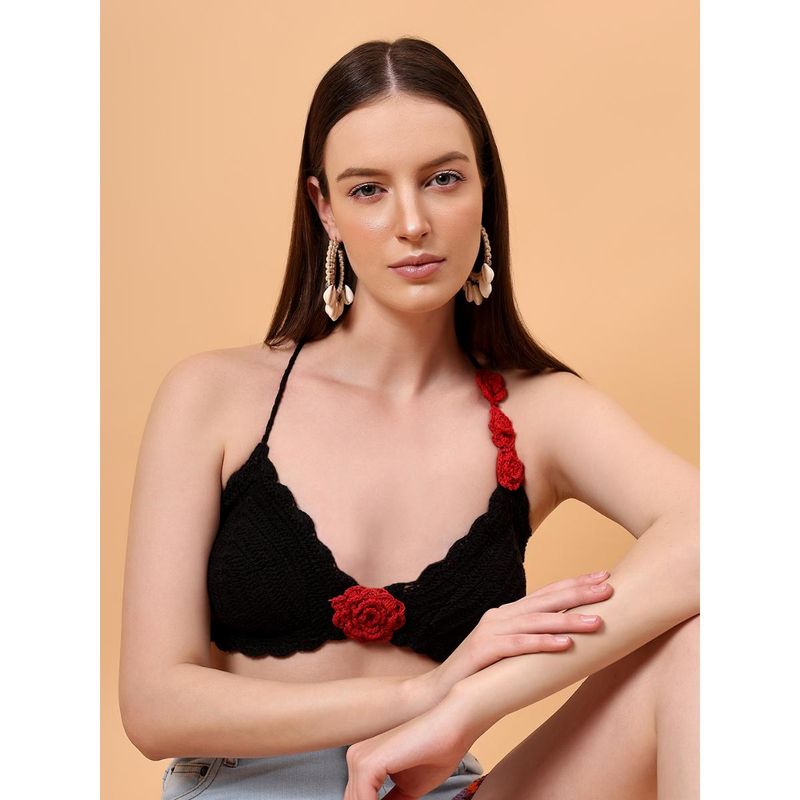 Velvery Black Rose Detail Crochet Halter Neck Bralette (XL)