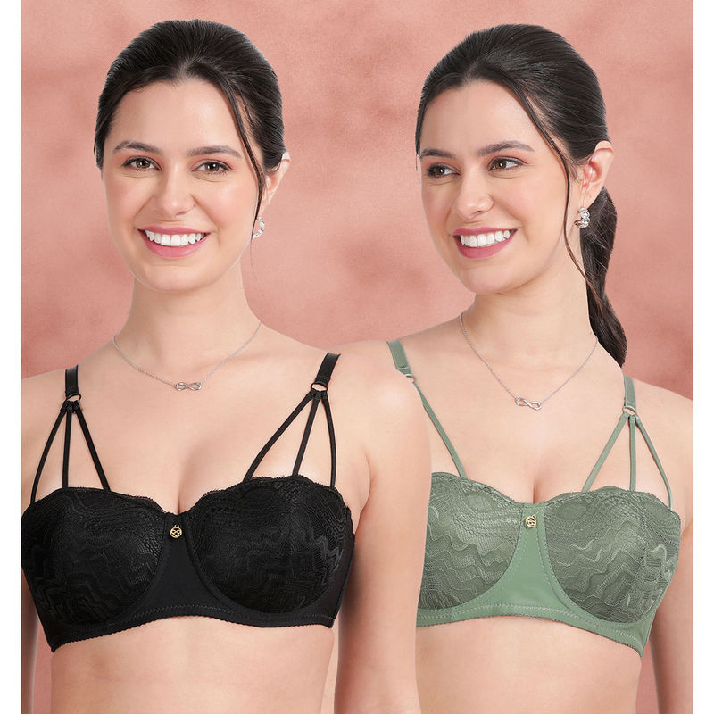 Shyaway Lace Front Strap Padded Wired Balconette Bra Multi-Color (Pack of 2) (32B)