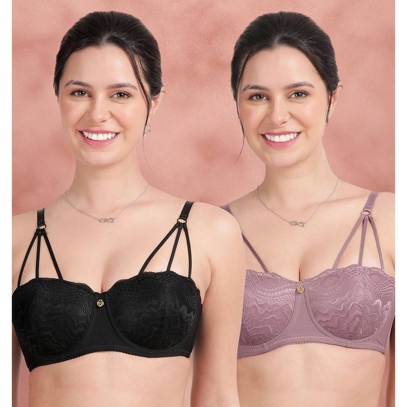 Shyaway Lace Front Strap Padded Wired Balconette Bra Multi-Color (Pack of 2) (36B)