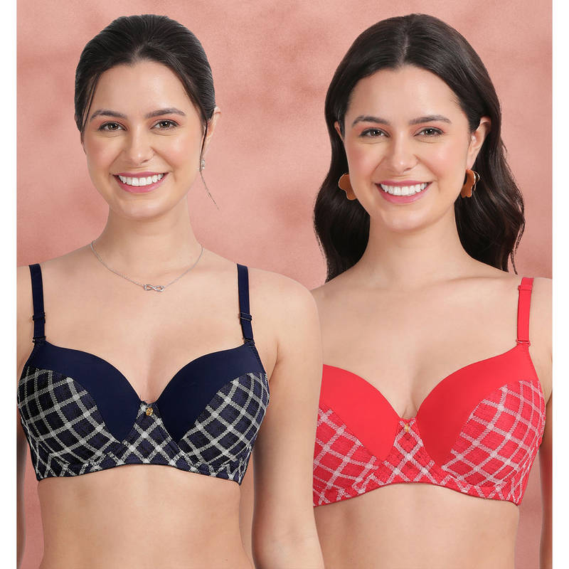 Shyaway Checked Half Lace Padded Wired Bra Multi-Color (Pack of 2) (32D)