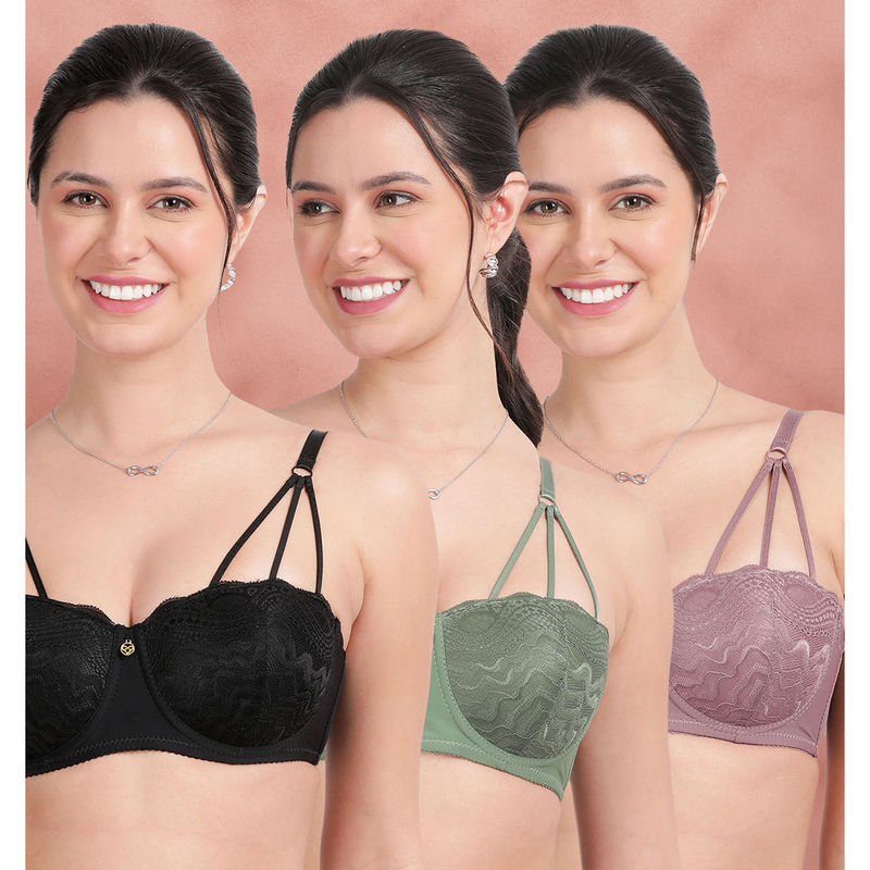 Shyaway Lace Front Strap Padded Wired Balconette Bra Multi-Color (Pack of 3) (32B)