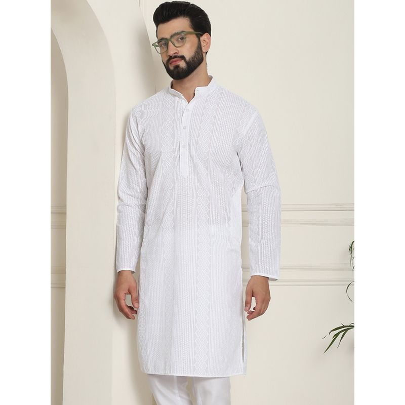 SOJANYA Men Cotton Thread Embroidered White Long Kurta (36)