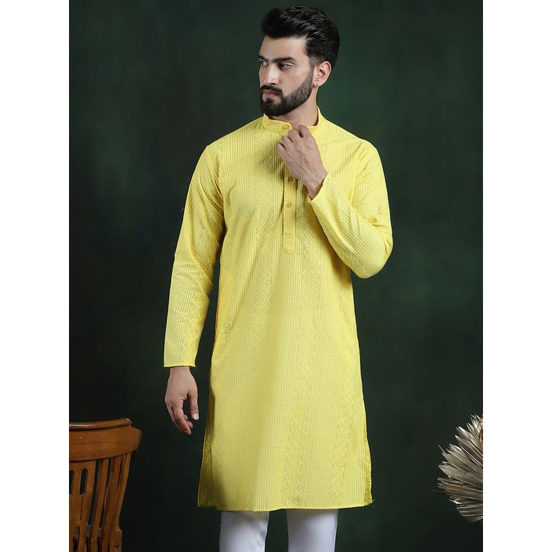 SOJANYA Men Cotton Thread Embroidered Yellow Long Kurta (36)