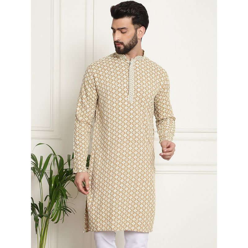SOJANYA Men Cotton Contrast Embroidered Sequinned Beige Long Kurta (36)