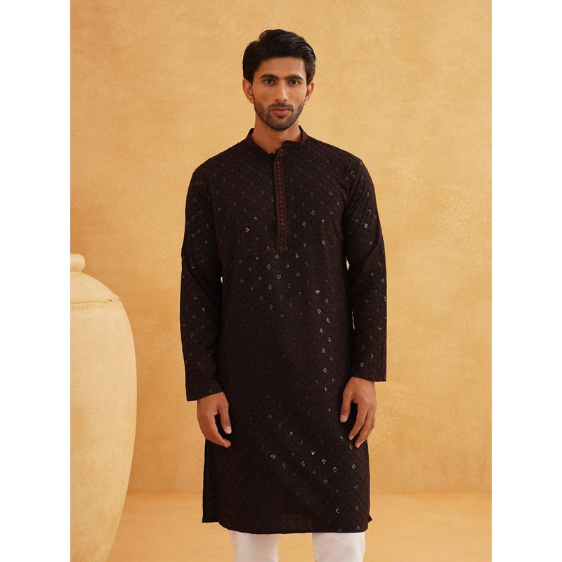 SOJANYA Men Cotton Contrast Embroidered Sequinned Brown Long Kurta (42)
