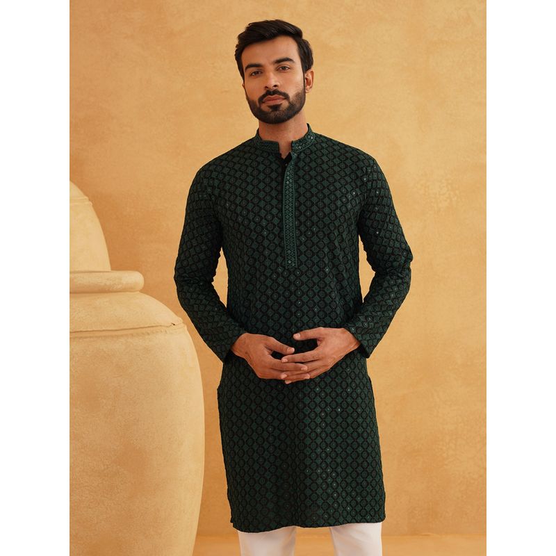 SOJANYA Men Cotton Contrast Embroidered Sequinned Green Long Kurta (42)
