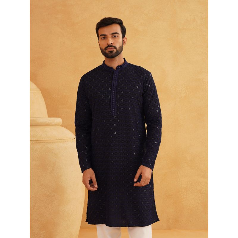 SOJANYA Men Cotton Contrast Embroidered Sequinned Navy Blue Long Kurta (42)