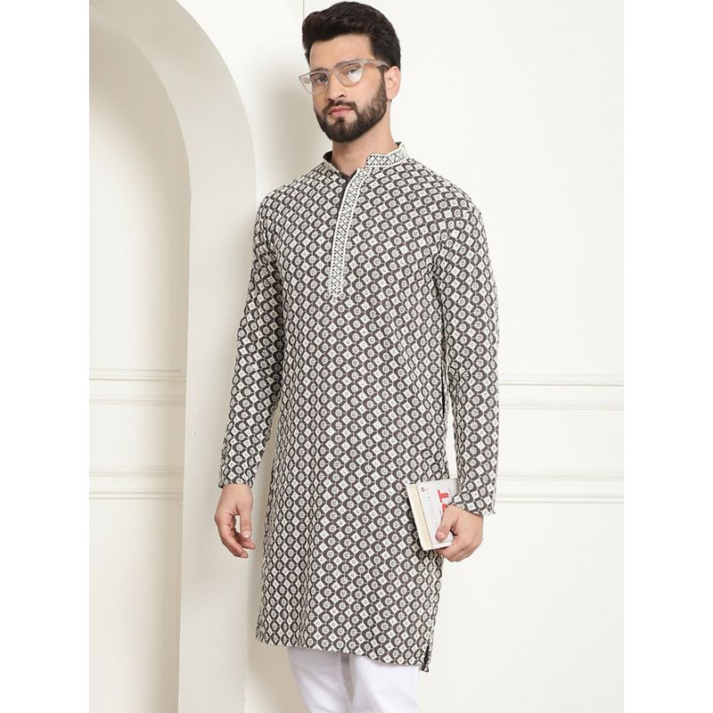 SOJANYA Men Cotton Contrast Embroidered Sequinned White Long Kurta (36)