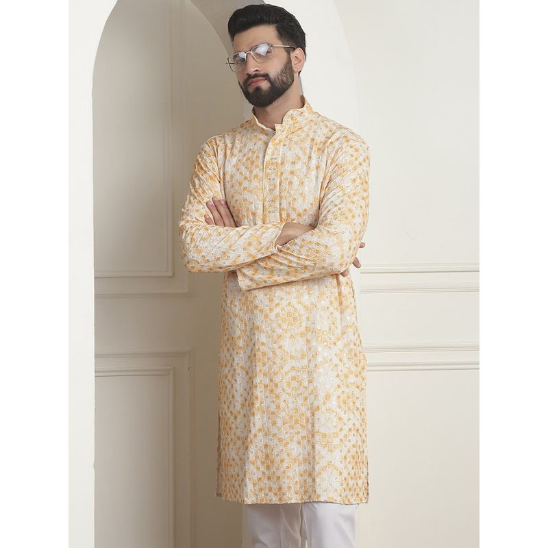 SOJANYA Men Cotton Gold Sequinned Embroidered Cream and Mustard Kurta (36)
