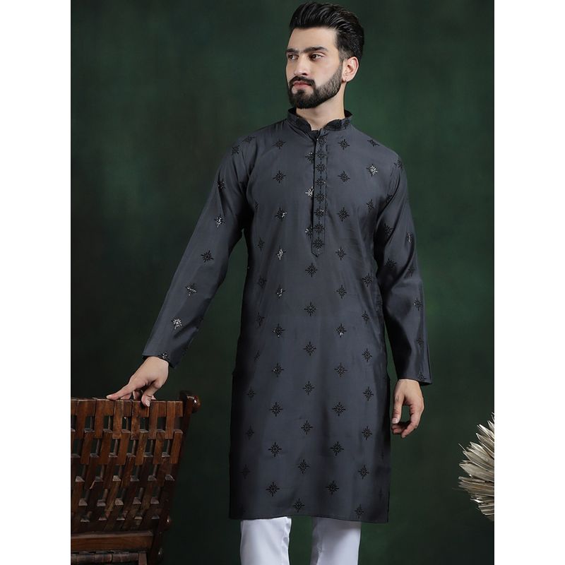 SOJANYA Men Cotton Silk Sequinned Neck Embroidered Dark Grey Kurta (42)