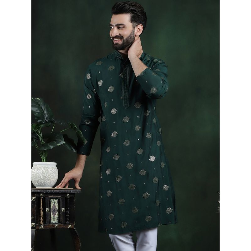 SOJANYA Men Cotton Silk Sequinned Embroidered Green Long Kurta (44)