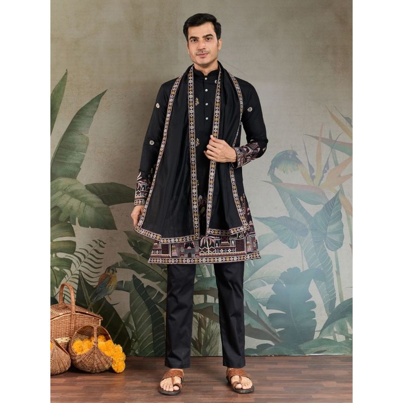Odette Black Viscose Silk Embroidered Stitched Kurta (M)