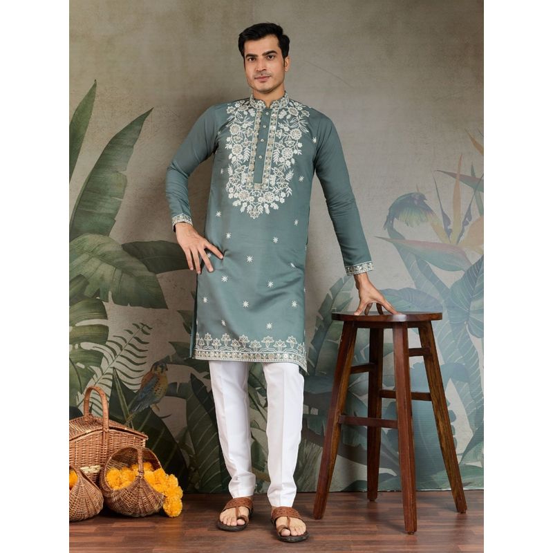 Odette Green Viscose Silk Embroidered Stitched Kurta (M)