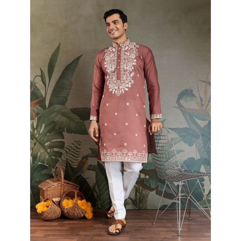Odette Blush Pink Viscose Silk Embroidered Stitched Kurta (XL)