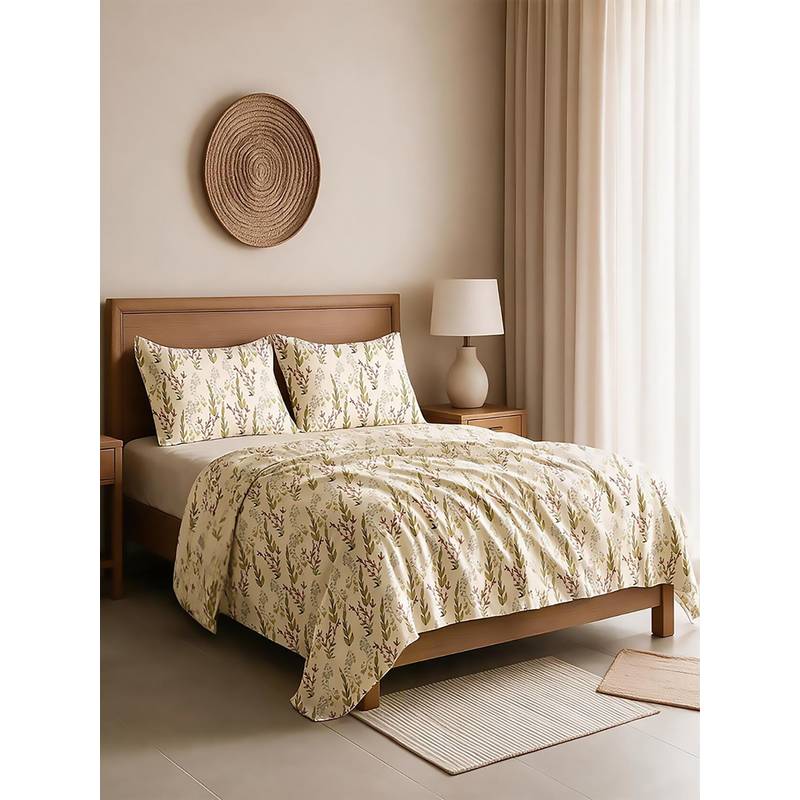Linen Home 100% Percale Cotton Percale Flat Bedsheet With 2 Pillow Covers Moss and Fern (Queen)