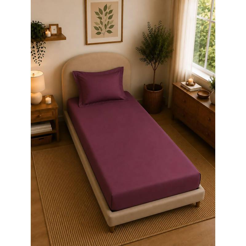 Linen Home 100% Percale Cotton Percale Fitted Bedsheet With 2 Pillow Cover Damson Berry (Single)