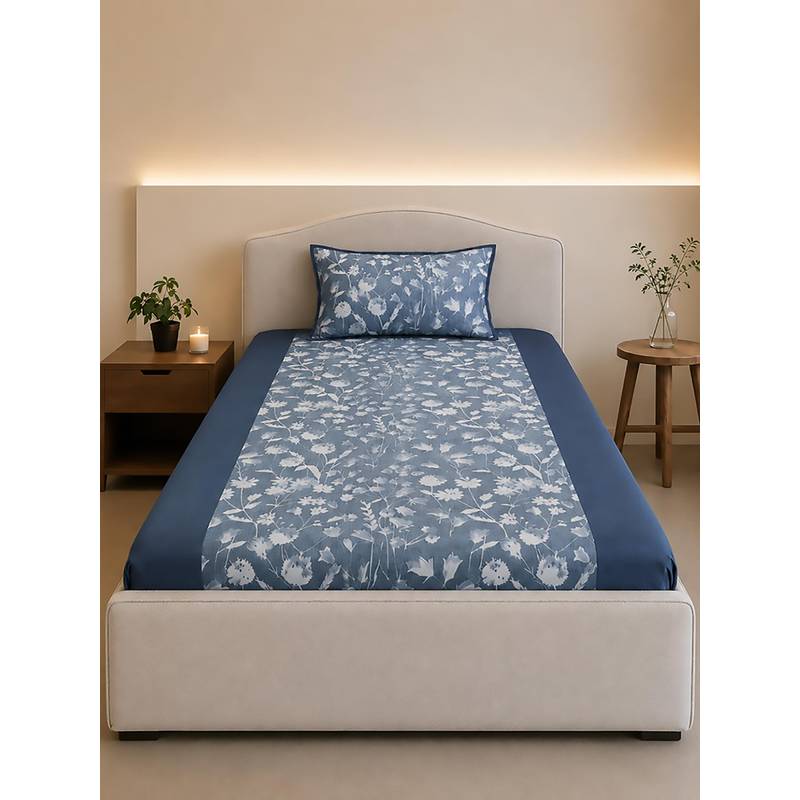 Linen Home 100% Percale Cotton Percale Fitted Bedsheet With 2 Pillow Cover Blossomy Blue (Single)