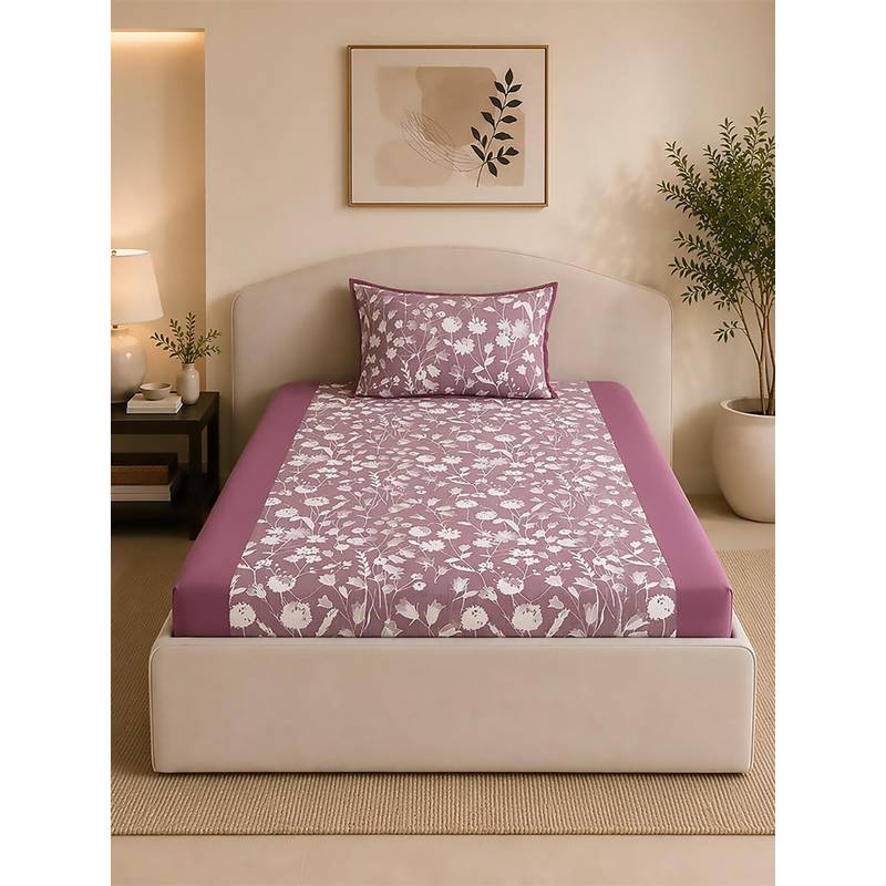 Linen Home 100% Percale Cotton Percale Fitted Bedsheet With 2 Pillow Cover Blossomy Mauve (Single)