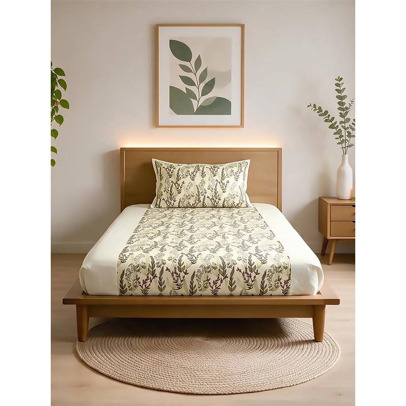 Linen Home 100% Percale Cotton Percale Fitted Bedsheet With 2 Pillow Cover Moss and Fern (Single)
